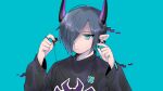 +_+ 1boy androgynous bad_id black_sweater blue_background blue_eyes blue_hair closed_mouth earphones expressionless hair_between_eyes hair_over_one_eye hands_up holding holding_earphones horns jewelry long_sleeves looking_at_viewer male_focus original pointy_ears ring short_hair simple_background solo sweater upper_body 
