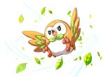 animal_focus bird black_eyes bright_pupils commentary_request fish.boy full_body highres leaf no_humans open_mouth pokemon pokemon_(creature) rowlet solo tongue white_background white_pupils 