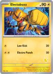  artist_name black_fur black_tail body_fur card_(medium) character_name clenched_hands commentary_request copyright_name electabuzz electricity english_text fangs full_body hankuri highres official_art pokemon pokemon_tcg punching striped_tail tail trading_card yellow_fur yellow_tail 