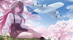  1girl :d absurdres aircraft airplane azki_(hololive) blue_sky blush breasts brown_hair brown_skirt cherry_blossoms clouds colored_inner_hair day grass hair_between_eyes highres hololive indoors long_hair long_sleeves multicolored_hair on_grass open_mouth pink_hair png_pant_(bus) shirt sitting skirt sky smile solo streaked_hair suspender_skirt suspenders tongue tree turtleneck turtleneck_shirt violet_eyes virtual_youtuber white_hair white_shirt 