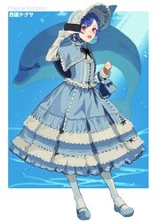  1girl absurdres animal bag blue_hair bonnet bow capelet character_name colored_inner_hair dolphin dolphin_hair_ornament frilled_capelet frills full_body hair_ornament handbag highres holding holding_bag lolita_fashion long_sleeves mary_janes multicolored_hair nijisanji nishizono_chigusa open_mouth pantyhose red_eyes shoes smile takimoto_yuwi virtual_youtuber 