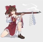  1girl ;p absurdres aiming bolt_action bow brown_footwear brown_hair detached_sleeves gar32 grey_background gun hair_bow hair_tubes hakurei_reimu highres holding holding_gun holding_weapon loafers long_hair mosin-nagant on_one_knee one_eye_closed red_bow red_shirt red_skirt rifle shirt shoes simple_background skirt sleeveless sleeveless_shirt smoke smoking_gun socks solo tongue tongue_out touhou weapon white_sleeves white_socks 