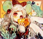  1girl animal_ears black_bow bow box braid cheese dress earrings food frilled_dress frills gradient_hair hair_bow holding holding_food in_box in_container jewelry jibaku_shounen_hanako-kun knees_up long_hair long_sleeves looking_up magatama magatama_earrings mouse_ears mouse_girl multicolored_hair red_bow red_dress sapphire_(nine) solo twin_braids very_long_hair yashiro_nene 