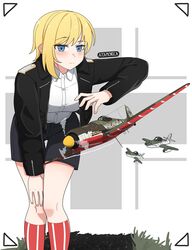  1girl aircraft airplane artist_name atamonica balkenkreuz black_jacket black_shorts blonde_hair blue_eyes breasts collared_shirt cross fighter_jet fighter_plane fw_190 highres insignia jacket jet kneehighs leaning_forward looking_at_viewer me_262 military_vehicle open_clothes open_jacket original red_socks shirt short_hair shorts shoulder_boards simple_background socks solo striped_clothes striped_socks white_background white_shirt 