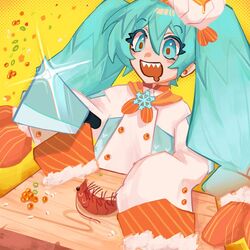  1girl animal_print blue_eyes blue_hair butter chef chef_hat chives cooking cutting_board fish_(food) fish_print food hat hatsune_miku holding holding_knife ikura_(food) knife long_hair open_mouth salmon sharp_teeth shrimp shrimpku simple_background sinmllk smile solo teeth twintails very_long_hair vocaloid yellow_background yuki_miku yuki_miku_(2024)_(applicant) 