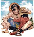  2boys bag black_hair blue_shorts boots commentary dm_0820 flip-flops hat hug jewelry log_pose long_sleeves male_focus monkey_d._luffy multiple_boys necklace on_lap one_piece pearl_necklace portgas_d._ace red_shirt sandals sash shirt short_hair shorts shoulder_bag sky smile straw_hat symbol-only_commentary topless_male twitter_username yellow_sash 