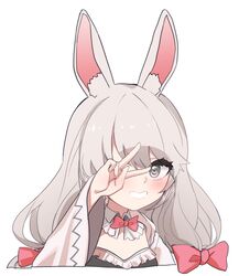  1girl animal_ear_fluff animal_ears aningay arm_up black_dress blush bow cropped_torso dress grey_eyes grey_hair hair_between_eyes hair_bow highres long_hair long_sleeves looking_at_viewer original pink_bow rabbit_ears simple_background smile solo upper_body white_background wide_sleeves 