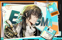  1boy black_hair border character_name english_text enigma_(reverse:1999) floppy_disk grey_eyes grey_jacket hair_ribbon highres id_card jacket jacknavy looking_at_viewer looking_to_the_side low_ponytail male_focus medium_hair orange_border paper paperclip parted_lips photo_(object) reverse:1999 ribbon seal_impression shirt solo turtleneck turtleneck_shirt upper_body white_ribbon white_shirt 