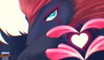  black_fur blue_eyes claws close-up copyright_name heart heart_hands logo looking_at_viewer pokemon pokemon_(creature) pokemon_unite red_fur simple_background suahh two-tone_fur white_background zoroark 