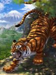  animal animal_focus bearluxe blue_sky cherry_blossoms chinese_zodiac claws clouds fangs forest highres mount_fuji mountainous_horizon multiple_tails nature no_humans open_mouth orange_eyes original signature sky solo tail tiger tiger_stripes whiskers year_of_the_tiger 