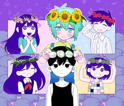  +_+ 2girls 4boys arm_behind_head arm_up arms_up aubrey_(headspace)_(omori) aubrey_(omori) basil_(headspace)_(omori) basil_(omori) black_eyes black_hair black_tank_top blue_overalls blue_shirt blush bow cactus closed_eyes closed_mouth collared_shirt colored_skin expressionless flower gladiolus green_eyes green_hair green_shirt hair_bow head_wreath hero_(headspace)_(omori) hero_(omori) highres kel_(headspace)_(omori) kel_(omori) lily_of_the_valley long_hair long_sleeves looking_at_another mari_(headspace)_(omori) mari_(omori) miranosub multiple_boys multiple_girls neckerchief omori omori_(omori) open_mouth overalls pajamas pink_bow purple_hair purple_sweater_vest red_neckerchief rose shirt short_hair short_sleeves smile sunflower sweater_vest t-shirt tank_top teeth tree tulip upper_body upper_teeth_only violet_eyes white_shirt white_skin 