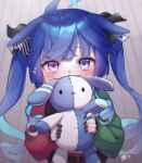  1girl @_@ ahoge animal_ears aqua_hair black_nails blue_eyes blue_hair blurry blush bow commentary_request covering_own_mouth crossed_bangs depth_of_field ears_down hair_bow heart heterochromia holding holding_stuffed_toy hood hoodie horse_ears horse_girl long_hair long_sleeves looking_up multicolored_clothes multicolored_hair multicolored_hoodie nail_polish sidelocks signature solo striped_bow stuffed_animal stuffed_rabbit stuffed_toy to_non_132109 twin_turbo_(umamusume) twintails two-tone_hair umamusume very_long_hair violet_eyes 