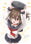  1girl anchor_symbol black_sailor_collar black_skirt brown_eyes brown_hair commentary_request cowboy_shot dated folded_ponytail inazuma_(kancolle) kantai_collection kitagawa_mikio long_sleeves neckerchief notice_lines one-hour_drawing_challenge pleated_skirt red_neckerchief robotic_vacuum_cleaner sailor_collar shirt skirt smile solo twitter_username white_shirt 