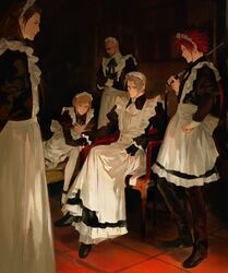  1girl 4boys absurdres alternate_costume apron aqua_eyes arms_behind_back ascot back_bow bald baton_(weapon) bindi black_dress black_footwear black_gloves black_hair black_jacket black_pants black_ribbon black_suit blonde_hair bow brown_eyes chair closed_eyes crossdressing crossed_legs dress earrings elena_(ff7) explosive facial_hair facial_mark final_fantasy final_fantasy_vii final_fantasy_vii_rebirth final_fantasy_vii_remake fingerless_gloves frilled_apron frills gloves goatee grenade hair_ornament hairclip hand_on_own_hip highres holding holding_baton_(weapon) holding_grenade jacket jewelry juliet_sleeves long_hair long_sleeves low_ponytail maid maid_apron maid_day maid_headdress multiple_boys multiple_earrings neck_ribbon over_shoulder pants parted_bangs parted_lips puffy_sleeves quxiaochong redhead reno_(ff7) ribbon rude_(ff7) rufus_shinra short_hair short_hair_with_long_locks single_earring sitting smile spiky_hair suit suit_jacket sunglasses swept_bangs teeth thigh-highs tile_floor tiles tseng weapon weapon_over_shoulder white_apron white_ascot white_thighhighs 