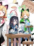  4girls absurdly_long_hair animal_ear_headphones animal_ears aris_(blue_archive) black_hair black_hairband black_skirt blonde_hair blue_archive blue_eyes blue_halo blue_necktie blush bow closed_eyes collared_shirt fake_animal_ears game_development_department_(blue_archive) green_bow green_halo hair_bow hairband halo headphones highres jacket long_hair long_sleeves midori_(blue_archive) momoi_(blue_archive) multiple_girls necktie one_side_up open_clothes open_jacket open_mouth peroro_(blue_archive) pink_halo pleated_skirt redhead shirt short_hair siblings simple_background sisters sitting skirt smile takuan_(taku1219oekaki) twins very_long_hair white_background white_jacket white_shirt yuzu_(blue_archive) 
