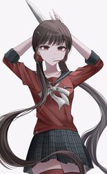  1girl arms_up blunt_bangs brown_hair cowboy_shot danganronpa_(series) danganronpa_v3:_killing_harmony hair_ornament hair_scrunchie harukawa_maki highres long_hair long_sleeves looking_at_viewer low_twintails mole mole_under_eye pleated_skirt red_eyes red_scrunchie red_shirt red_thighhighs sailor_collar school_uniform scrunchie shirt skirt solo teeth thigh-highs twintails 