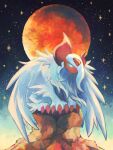  7_phi_3 absol alternate_color animal_focus blue_eyes claws colored_skin commentary_request full_moon highres horns mega_absol moon night night_sky no_humans outdoors pokemon pokemon_(creature) red_skin shiny_pokemon sky star_(sky) white_fur wings 