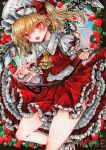  ascot bat_wings blonde_hair crystal flandre_scarlet food fruit hat hat_ribbon highres laevatein_(touhou) mob_cap monji_(monzi328) multicolored_wings one_side_up open_mouth puffy_short_sleeves puffy_sleeves red_eyes red_skirt red_vest ribbon short_sleeves side_ponytail skirt skirt_set strawberry touhou traditional_media vest white_hat wings yellow_ascot 