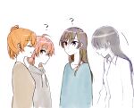  4girls blue_shirt brown_eyes brown_hair brown_shirt closed_eyes closed_mouth commentary_request ghost grey_eyes grey_hoodie highres hood hoodie koito_rei koito_yuu long_hair looking_at_another multiple_girls nanami_mio nanami_touko nyamo orange_hair parted_lips shirt short_twintails side_ponytail smile twintails yagate_kimi_ni_naru 