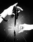  black_background blunt_ends cutting cutting_hair fingernails fireworks greyscale hand_focus highres holding holding_own_hair holding_scissors monochrome original sae_sae scissors simple_background vignetting 