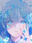  1girl absurdres air_bubble blue_eyes blue_hair blue_theme bubble closed_mouth collared_shirt crying crying_with_eyes_open flower flower_on_head hair_between_eyes hair_ornament hand_on_own_cheek hand_on_own_face highres ka2_0510 looking_at_viewer original shirt short_hair solo tears upper_body 