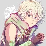  1boy 24mbb bags_under_eyes bare_shoulders detached_sleeves fingerless_gloves gloves gnosia grey_eyes grey_hair hair_between_eyes hood hoodie long_sleeves looking_at_viewer male_focus remnan_(gnosia) short_hair simple_background solo violet_eyes 