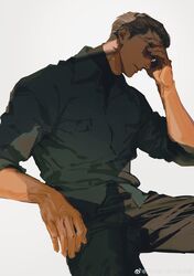  1boy absurdres black_pants black_shirt black_undershirt brown_hair character_request chimmyming closed_eyes collared_shirt copyright_request cowboy_shot fingernails hand_on_own_face highres light lips male_focus pants parted_lips shadow shirt simple_background sitting solo sunglasses tan undershirt veins weibo_watermark white_background 