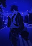  1boy absurdres blue_eyes blue_hair blue_theme cigarette closed_mouth clouds collared_shirt commentary from_side hand_in_pocket highres holding holding_cigarette jacket kaito_(vocaloid) kazenemuri lamppost looking_at_viewer male_focus necktie night night_sky open_clothes open_jacket outdoors road road_sign serious shirt short_hair sign sky smoke solo standing suit vocaloid 