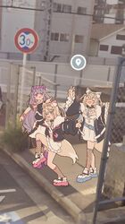  3girls absurdres animal_ear_fluff animal_ears bandaid bandaid_hair_ornament belt black_collar blonde_hair blue_eyes blue_hair blush breasts chain-link_fence chest_jewel circlet closed_eyes collar colored_inner_animal_ears colored_inner_hair dog_ears dog_girl dog_tail dress face_jewel fang fence frilled_shorts frills fuwawa_abyssgard gem gem_hair_ornament google_maps google_street_view grey_hair hair_ornament hairband hand_jewel headband headphones headphones_around_neck high_school_girls_posing_for_google_street_view_(meme) highres hololive hololive_english horn_hairband jewel_under_eye koseki_bijou kukie-nyan large_breasts long_hair looking_at_viewer meme mococo_abyssgard multicolored_hair multiple_girls open_mouth photo_background pink_belt pink_brooch pink_hair pink_hairband pink_headband purple_gemstone purple_hair raised_curb road_sign shorts siblings sidewalk sign sisters skin_fang smile streaked_hair tactile_paving tail twins v very_long_hair violet_eyes virtual_youtuber white_dress x_hair_ornament 