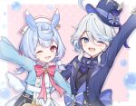  2girls ;d ahoge animal_ears apron aqua_shirt arm_up ascot back_bow black_shirt blue_ascot blue_bow blue_eyes blue_hair blue_hat blue_jacket blush border bow bowtie brooch bubble buttons commentary_request crossed_bangs drop-shaped_pupils eyelashes furina_(genshin_impact) genshin_impact gradient_hair hair_between_eyes hair_ornament hat hat_bow jacket jewelry lapels long_sleeves looking_at_viewer low_twintails medium_hair multicolored_hair multiple_girls nurse_cap one_eye_closed open_clothes open_jacket open_mouth outside_border pink_background pink_bow polka_dot polka_dot_background pom_pom_(clothes) pom_pom_hair_ornament puffy_long_sleeves puffy_sleeves purple_hair red_bow red_bowtie red_eyes shirt short_hair sidelocks sigewinne_(genshin_impact) simple_background smile streaked_hair swept_bangs symbol-shaped_pupils tilted_headwear top_hat twintails upper_body vision_(genshin_impact) white_apron white_border white_hair white_hat zky_(oekaky) 