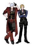  2boys ashuiashui119 bishounen blonde_hair blue_eyes coat crossover curtained_hair dante_(devil_may_cry) devil_may_cry_(series) devil_may_cry_4 facial_hair fingerless_gloves gloves highres holding holster knife_sheath leon_s._kennedy look-alike looking_at_viewer male_focus multiple_boys muscular muscular_male pectorals police police_uniform red_coat resident_evil resident_evil_6 sheath shoulder_holster simple_background smile trench_coat uniform white_hair 