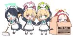  4girls absurdly_long_hair absurdres achilles_(yosshyachillesd) animal_ear_headphones animal_ears apron aris_(blue_archive) aris_(maid)_(blue_archive) black_dress black_footwear black_hair blonde_hair blue_archive blue_eyes blush box cat_tail closed_mouth dress fake_animal_ears game_development_department_(blue_archive) green_eyes green_halo halo headphones highres in_box in_container long_hair long_sleeves maid maid_apron maid_headdress midori_(blue_archive) midori_(maid)_(blue_archive) momoi_(blue_archive) momoi_(maid)_(blue_archive) multiple_girls official_alternate_costume open_mouth pantyhose pink_halo red_eyes redhead ringed_eyes shoes short_hair short_sleeves siblings simple_background sisters smile tail twins very_long_hair violet_eyes white_apron white_background white_pantyhose yellow_halo yuzu_(blue_archive) yuzu_(maid)_(blue_archive) 