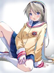  1girl :o akayama_yukihe arm_at_side arm_support black_hairband blazer blue_eyes blue_skirt blush cellphone clannad commentary_request eyes_visible_through_hair foot_out_of_frame grey_hair hair_between_eyes hair_over_shoulder hairband highres hikarizaka_private_high_school_uniform holding holding_phone jacket kneehighs knees_apart_feet_together leaning_back long_hair looking_at_viewer miniskirt open_mouth phone pleated_skirt sailor_collar sakagami_tomoyo school_uniform serafuku shoes simple_background sitting skirt sleeves_past_wrists smartphone socks solo spread_legs straight_hair very_long_hair white_background white_footwear white_sailor_collar white_socks yellow_jacket 