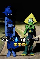 2girls :3 barefoot blue_eyes blue_hair blue_skin blue_skirt blue_tank_top bodysuit clenched_hands closed_eyes colored_skin crop_top crying_emoji diamond_(shape) emoji english_text face_in_shadow feet forehead_jewel full_body gem glaring green_bodysuit green_gemstone green_skin hands_up highres homeworld_gem_uniform lapis_lazuli_(steven_universe) long_skirt looking_at_viewer meme multiple_girls navel night peridot_(steven_universe) photo_background pointy_nose ruki32_32 shaded_face short_hair sidewalk skirt sleeveless smile smirk standing steven_universe tank_top v-shaped_eyebrows why_dis_ninja_look_so_mad_(meme)