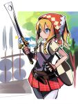  1girl armor belt blonde_hair blue_eyes bonnet braid braided_sidelock breastplate closed_mouth cowboy_shot executioner&#039;s_sword from_side hand_on_own_hip hirotaka_(hrtk990203) holding holding_sword holding_weapon multiple_belts pantyhose plaid plaid_skirt puffy_short_sleeves puffy_sleeves red_skirt sekaiju_no_meikyuu sekaiju_no_meikyuu_4 shield short_sleeves skirt solo sword swordsman_(sekaiju_4) swordsman_4_(sekaiju_4) tree weapon white_pantyhose 