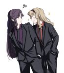  2girls black_gloves black_hairband black_jacket black_necktie black_pants black_suit blonde_hair brown_hair closed_mouth collared_shirt commentary cowboy_shot eye_contact gloves hairband hand_on_another&#039;s_shoulder highres jacket long_hair looking_at_another multiple_girls necktie pants purple_shirt red_eyes red_shirt rtf_11th saijou_claudine shirt shoujo_kageki_revue_starlight simple_background smile sparkle squiggle suit suit_jacket tendou_maya twitter_username violet_eyes white_background 
