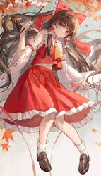  1girl arl bow brown_footwear brown_hair commentary_request detached_sleeves frilled_bow frilled_hair_tubes frills gohei hair_bow hair_tubes hakurei_reimu highres holding loafers long_hair looking_at_viewer midriff red_bow red_eyes red_skirt shoes skirt socks solo touhou white_sleeves white_socks wide_sleeves 