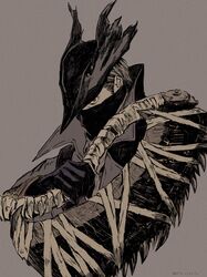  1boy artist_name black_gloves black_hat black_jacket bloodborne covered_mouth fune_(nkjrs12) gloves grey_background hand_up hat highres holding holding_weapon hunter_(bloodborne) jacket male_focus mask mouth_mask red_eyes saw saw_cleaver short_hair simple_background solo tricorne weapon 