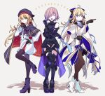  3girls absurdres ahoge armor armored_dress armored_leotard artoria_caster_(fate) artoria_caster_(second_ascension)_(fate) artoria_pendragon_(fate) black_bow black_fur black_gloves blonde_hair blue_cape blue_cloak blue_eyes blue_ribbon blush bow breasts cape capelet cloak dress elbow_gloves fate/grand_order fate_(series) fur-trimmed_cloak fur-trimmed_gloves fur_trim gloves green_eyes hair_between_eyes hair_bow hair_over_one_eye hat highres kujiramaru large_breasts long_fall_boots long_hair long_sleeves looking_at_viewer mash_kyrielight multicolored_cape multicolored_capelet multicolored_cloak multicolored_clothes multiple_girls open_mouth ornament pantyhose ponytail purple_gloves purple_hair ribbon short_hair simple_background smile spiked_armor striped_belt thigh-highs tonelico_(fate) tonelico_(second_ascension)_(fate) twintails two-sided_bow two-tone_capelet two-tone_sleeves violet_eyes white_cape white_cloak 