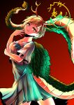  1girl absurdres annmi_minori antlers blonde_hair blue_bow blue_shirt bow dragon_girl dragon_horns dragon_tail eastern_dragon_tail fur-tipped_tail green_scales green_skirt green_tail highres horns kicchou_yachie looking_at_viewer monster_girl open_mouth pleated_skirt red_background scales shirt short_hair short_sleeves simple_background skirt smile square_neckline tail touhou turtle_shell very_long_tail yellow_horns 