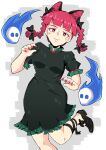  :3 animal_ear_fluff animal_ears black_dress black_footwear black_ribbon blunt_bangs braid bright_pupils cat_ears cat_girl closed_mouth commentary_request dress grey_background highres hitodama kaenbyou_rin leg_ribbon leg_up looking_at_viewer medium_hair red_eyes red_nails redhead ribbon sakamoto_fred short_sleeves side_braids touhou twin_braids white_pupils 