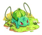  bright_pupils bulbasaur claws commentary_request fish.boy flower full_body grass highres no_humans plant pokemon pokemon_(creature) red_eyes solo standing vines white_flower white_pupils 