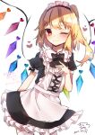  1girl apron black_bow black_bowtie blonde_hair blush bow bowtie chisiro_unya_(unya_draw) closed_mouth cowboy_shot crystal_wings flandre_scarlet heart maid maid_apron maid_headdress one_eye_closed red_eyes simple_background solo touhou white_background 