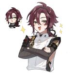  1boy armor brown_sleeves crossed_arms genshin_impact genshin_impact_sticker_redraw_(meme) green_eyes hair_between_eyes highres japanese_armor japanese_clothes long_hair male_focus meme mole mole_under_eye multicolored_hair oguma_000 open_mouth redhead shikanoin_heizou shirt smile solo streaked_hair white_shirt 