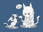  1boy animal_ears blue_background cat_boy cat_ears cat_tail chibi chibi_only crossed_legs elezen elf estinien_varlineau final_fantasy final_fantasy_xiv frown greyscale_with_colored_background long_hair male_focus morumoru_(kuromrmr) orn_khai pointy_ears scarf simple_background sitting solo speech_bubble tail 