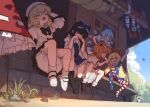  6+girls ? absurdres alice_margatroid american_flag_dress american_flag_legwear apron architecture beetle black_bow black_bowtie black_dress black_hair black_hat black_wings blonde_hair blue_bow blue_dress blue_eyes blue_hair blush bow bowtie bug capelet cirno closed_mouth clouds clownpiece collared_dress detached_wings dress dress_bow drill_hair east_asian_architecture flying frilled_bow frilled_skirt frills geta grass green_hair hair_bow hairband hakurei_reimu hat highres holding holding_leaf ice ice_wings instrument jester_cap kirisame_marisa komano_aunn leaf long_hair luna_child medium_hair multiple_girls music open_mouth orange_hair outdoors pebble playing_instrument rangque_(user_vjjs4748) red_capelet red_footwear red_hairband red_hat red_skirt shameimaru_aya shirt shoes short_hair shrine sitting skirt sky sleeveless sleeveless_dress star_sapphire sunny_milk tengu-geta touhou tree waist_apron white_apron white_dress white_footwear white_hat white_shirt wind_chime wings witch_hat 