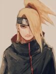  1boy blonde_hair character_request closed_mouth commentary english_commentary forehead_protector headband long_hair long_sleeves male_focus naruto naruto_(series) ninja ponytail simple_background solo subuta_(butabutasubuta) upper_body 