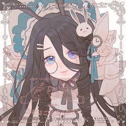  1girl animal_ears artist_request black-framed_eyewear black_bow black_ribbon blue_bonnet blue_eyes blue_ribbon bonnet bow brown_hair buttons center_frills clock_hair_ornament closed_mouth commission dress eyelashes flower frilled_headwear frills hair_between_eyes hair_bow hair_ornament hair_ribbon hairclip hat hat_flower heterochromia leaf long_hair looking_at_viewer lowres marking_on_cheek monocle neck_ribbon original pentagram pink_lips rabbit_ears rabbit_hair_ornament ribbon rose round_eyewear sample_watermark simple_background smile solo source_request star_on_cheek third-party_source upper_body violet_eyes watermark white_background white_dress white_flower white_rose 