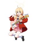  1girl ahoge artpatient black_footwear blonde_hair blue_archive electric_guitar fang guitar hair_between_eyes halo highres holding holding_instrument instrument jacket long_hair long_sleeves looking_at_viewer low_twintails official_alternate_costume open_clothes open_jacket open_mouth pink_skirt pleated_skirt red_jacket shirt shoes simple_background skin_fang skirt smile socks solo twintails white_background white_shirt white_socks yellow_eyes yellow_halo yoshimi_(band)_(blue_archive) yoshimi_(blue_archive) 