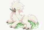  animal_focus brown_eyes commentary_request full_body furfrou grass highres looking_to_the_side lying no_humans pokemon pokemon_(creature) remedy_matome solo white_background white_fur 